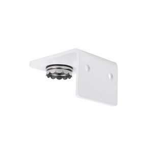 Op de afbeelding: Witte metalen beugel met twee gaten en een ronde, zilverkleurige, decoratieve dop.