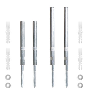 Op de afbeelding: Vier zilveren metalen schroeven met witte kunststof pluggen en ringen. De schroeven zijn van verschillende lengtes.