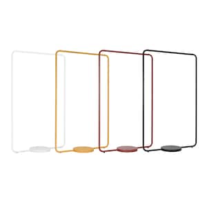 May include: Four rectangular metal garment racks standing in a row, each featuring a rounded frame and a circular base. The racks are finished in solid white, mustard yellow, deep red, and matte black, providing a clean and simple structure.