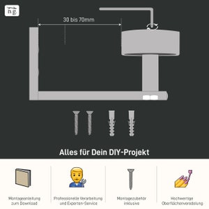 May include: A diagram showing how to install a metal shelf bracket. The bracket is silver and has a round, adjustable knob. The diagram includes instructions for mounting the bracket to a wall, including screws and anchors. The text "Alles f&uuml;r Dein DIY-Projekt" is included in the image.