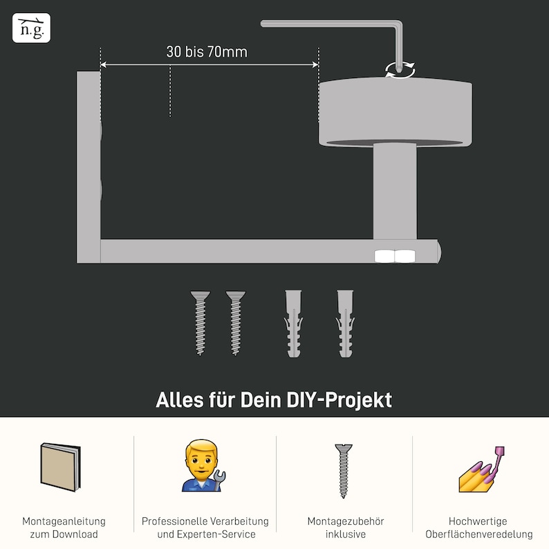 May include: A diagram showing how to install a metal shelf bracket. The bracket is silver and has a round, adjustable knob. The diagram includes instructions for mounting the bracket to a wall, including screws and anchors. The text "Alles f&uuml;r Dein DIY-Projekt" is included in the image.