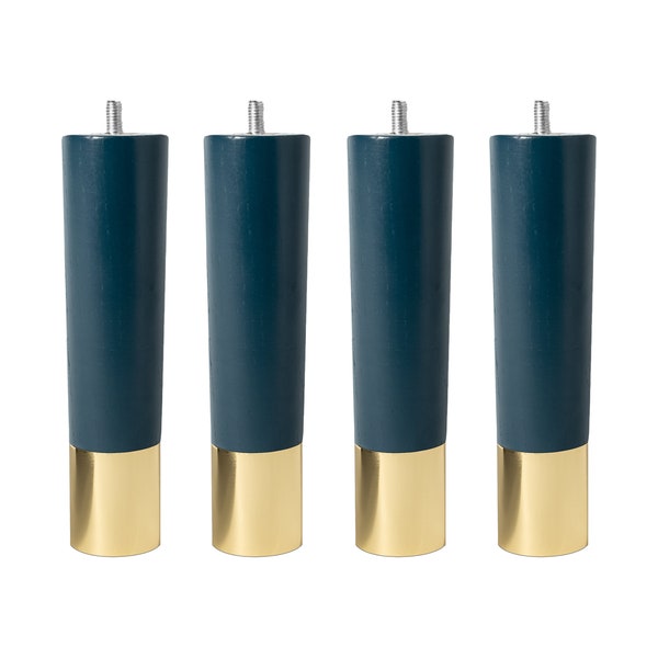 4x FUSION Leg Möbelfüße | massives Eschenholz mit Metallkappen viele Größen | Schrankbeine | Natural Goods Berlin  (Marineblau | Kappe Gold)