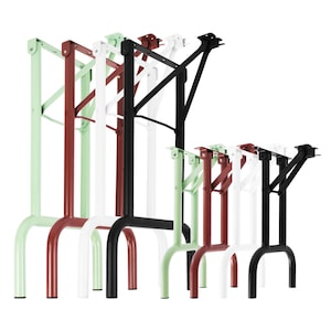 May include: Set of six folding table legs in various colors, including red, white, black, and green. The legs are made of metal and have a sturdy construction. They are designed to be easily folded and stored.