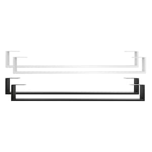 May include: Two towel bars, one black and one white, with square brackets on each end. The bars are made of metal and are designed for hanging towels.