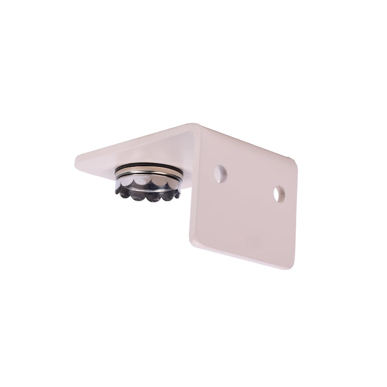 Op de afbeelding: Wit metalen wandplankbeugel met een ronde, doorzichtige plastic bumper aan de onderkant.