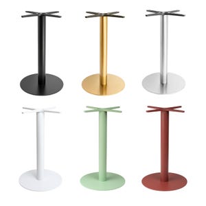 May include: Six different colored table bases. The bases are in black, gold, silver, white, green, and red. Each base has a round base and a central column supporting a four-pronged top.