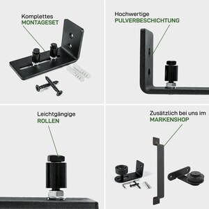 May include: Black metal hardware kit for a sliding barn door. The kit includes a top track, bottom guide, rollers, and mounting hardware. The hardware is powder coated for durability.  "Komplettes Montagset" and "Hochwertige Pulverbeschichtung" are written in German on the image.