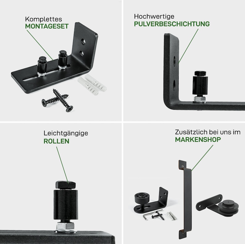 May include: Black metal hardware kit for a sliding barn door. The kit includes a top track, bottom guide, rollers, and mounting hardware. The hardware is powder coated for durability.  "Komplettes Montagset" and "Hochwertige Pulverbeschichtung" are written in German on the image.