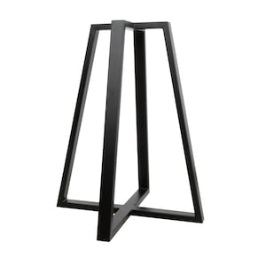 May include: Black metal table base with a triangular shape and a crossbar at the bottom.
