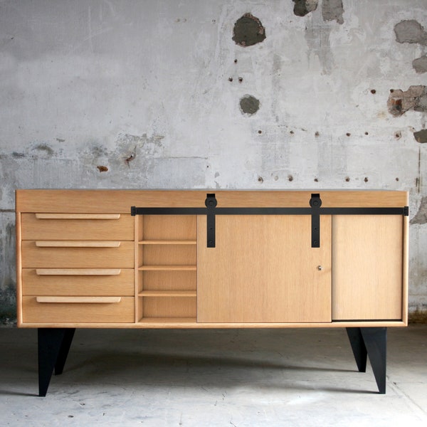 1x Schiebetürsystem MODELL J-mini für Schranktüren Industrial Laufschiene Kleiderschrank, Hängeschiene Kommode Scheunentor, Sideboard Nische