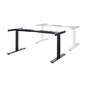 Op de afbeelding: Twee staande bureauframes, een zwart en een wit. Beide frames hebben een rechthoekig blad en een T-vormige basis.
