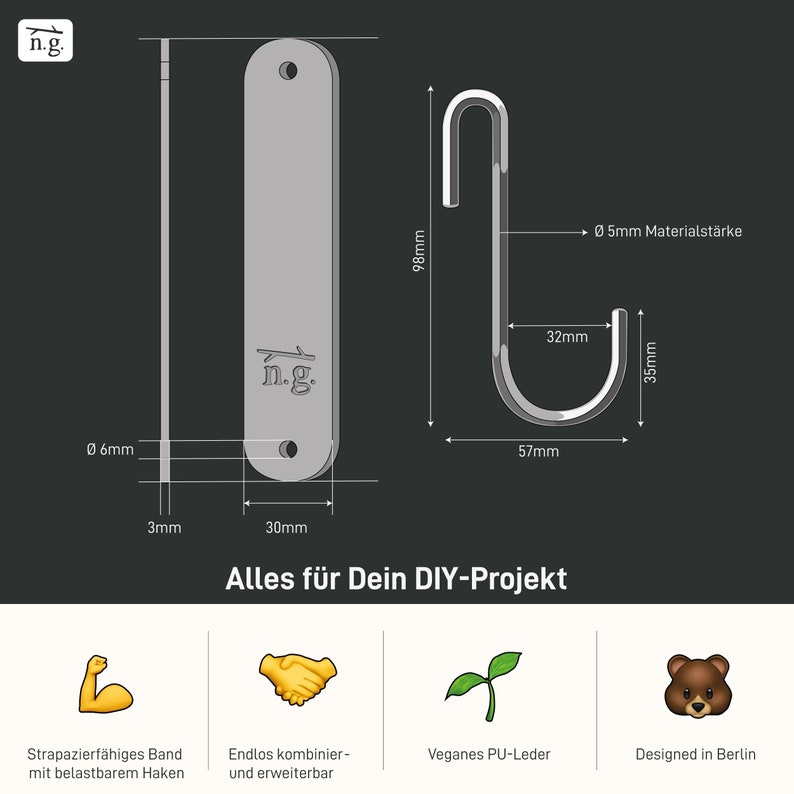 Garderobenhaken GARD Schlaufe mit S-Haken Lederschlaufe veganes PU-Leder Dekoratives Lederband, Lederriemen, Kleiderhaken aus Stahl Bild 7