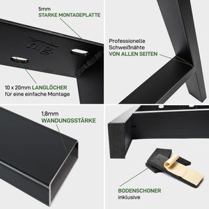 Puede incluir: Patas de mesa de metal negro con una placa de montaje de 5 mm de grosor, un grosor de pared de 1,8 mm y agujeros largos de 10 x 20 mm para un montaje f&aacute;cil. Las patas est&aacute;n soldadas profesionalmente por todos los lados e incluyen protectores de suelo.