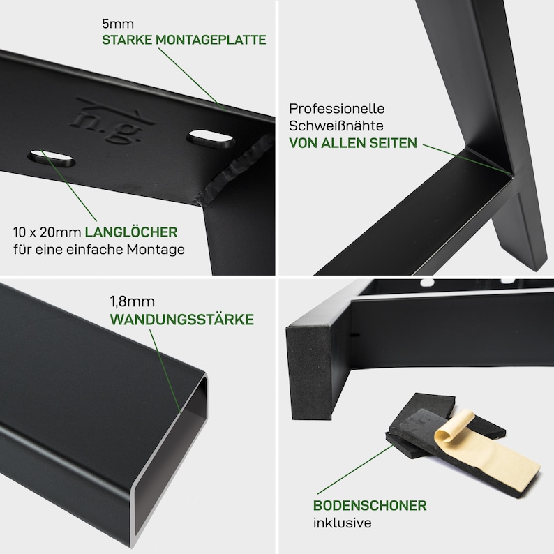 Puede incluir: Patas de mesa de metal negro con una placa de montaje de 5 mm de grosor, un grosor de pared de 1,8 mm y agujeros largos de 10 x 20 mm para un montaje f&aacute;cil. Las patas est&aacute;n soldadas profesionalmente por todos los lados e incluyen protectores de suelo.