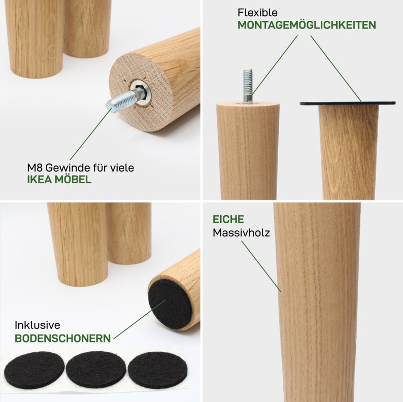 4x FUSION Leg Möbelfüße Massivholz Eiche 12 cm oder 17 cm Schrankbeine Möbelbeine Natural Goods Berlin Schwarz, Weiß oder Natur zdjęcie 9