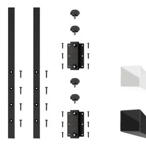 Può includere: Un kit di ferramenta composto da due lunghe barre metalliche nere, due staffe di montaggio nere con il testo 1.8m, quattro manopole di regolazione nere a forma di stella e sedici viti nere. Include anche un terminale per palo quadrato bianco e nero.