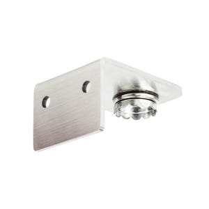 Op de afbeelding: Zilveren metalen beugel met twee gaten en een ronde, geribbelde, zilveren dop aan de bovenkant.