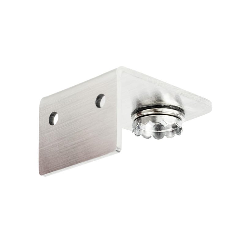 Op de afbeelding: Zilveren metalen beugel met twee gaten en een ronde, geribbelde, zilveren dop aan de bovenkant.