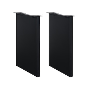 May include: Two black metal table legs. Each leg has a rectangular design with a flat top and a mounting plate. The vertical body is solid. These legs are designed for furniture construction and support.