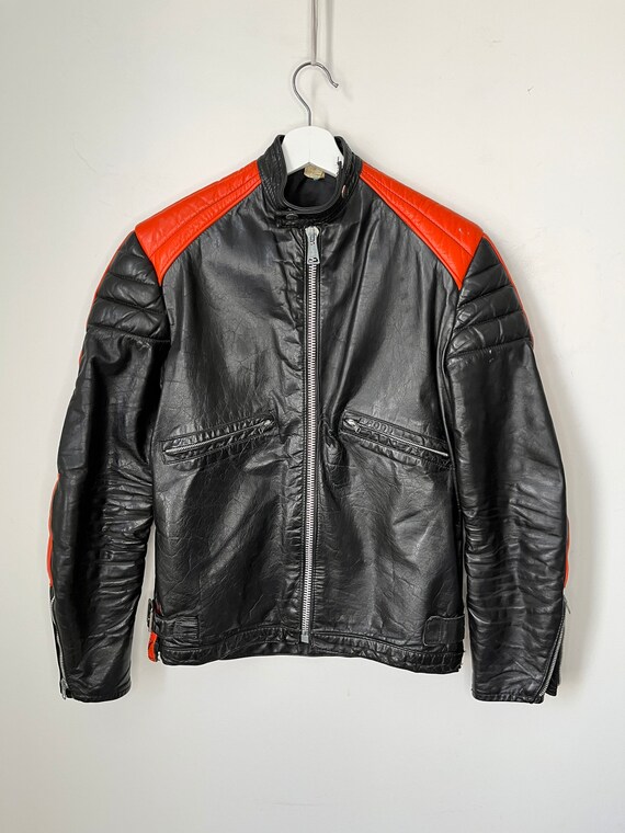 1970s Cafe Racer Leather Jacket with padding and oran… - Gem