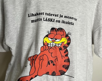 Vintage 90s Garfield T-Shirt: Finnish 'Muscles' Graphic, Size M