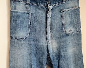 Vintage 1950s Royal Canadian Navy Denim Wide Leg Flare. Naval workwear denim. No side seams. Selvedge Denim. Sz 33 W 28” L appx