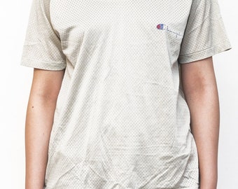 Koszulka z siateczki Champion Vneck Silver z lat 80., wyprodukowana w Ameryce