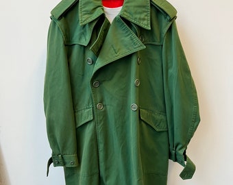 1970s Double Breasted Spanish Trenchcoat in Overdyed Green Cotton Gabardine. Appx Sz: Medium.