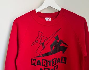 Vintage 80s ‘Martial Arts’ Graphic Crewneck Sweatshirt. Printed on Jersees blank french terry with fleece back. Made in USA. Labeled Sz M