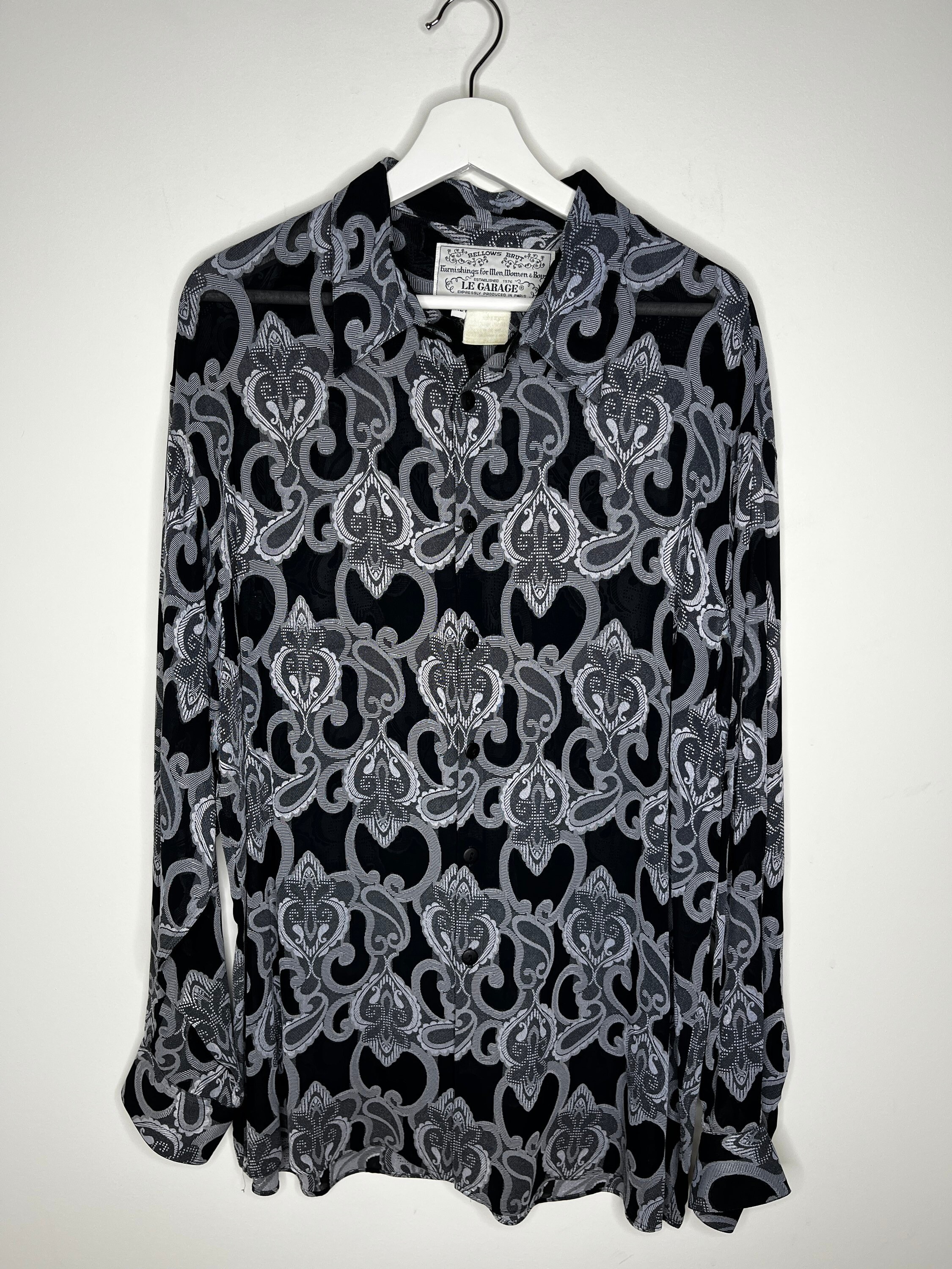 Bellows Brut Le Garage, camicia anni '90 con stampa indaco vintage