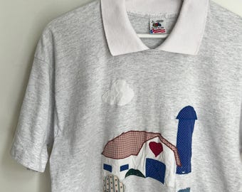 Vintage early 90s Fruit of the Loom Tshirt with   folksy DIY Farmhouse applique graphic and added polo collar. Adult Sz L. Made in USA