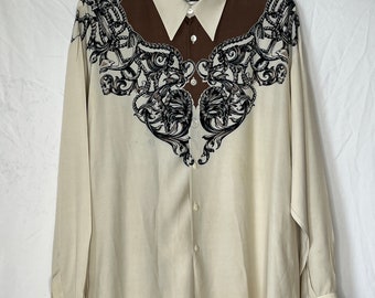 Bellows Brut Le Garage, Ornate placement print shirt late 80s vintage. Sz XL. Made in Paris, France