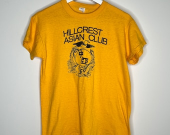1970s vintage Graphic Tshirt, Single stitch, Ringer Crew Neck. ‘Hill Crest Asian Club’ appx sz XS
