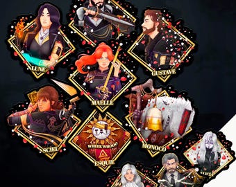 May include: A collection of nine diamond-shaped stickers featuring illustrated characters and a creature, each framed in gold with red petal accents. Names include Lune, Gustave, Maelle, Sciel, Wheee Whooo Esquie, Monoco, Maelle, Renoir, and Klicia.