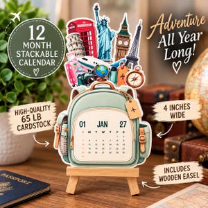 May include: A 12-month stackable calendar shaped like a light green backpack on a wooden easel. It features travel icons like the Statue of Liberty, Eiffel Tower, and Big Ben. The calendar is 4 inches wide, made of 65 lb cardstock, and displays January.