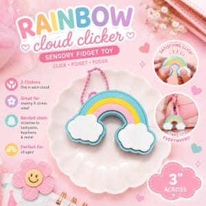 May include: A rainbow-shaped sensory fidget toy with a beaded chain. The toy is 3 inches across and features a blue, yellow, and pink rainbow design with white cloud accents. Text on the image says "Rainbow cloud clicker" and "Sensory fidget toy".