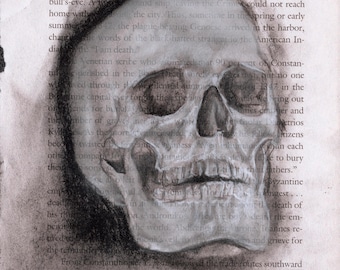 Mortuus — Original Skull Charcoal Drawing Paperback Page Wall Art 5x8"