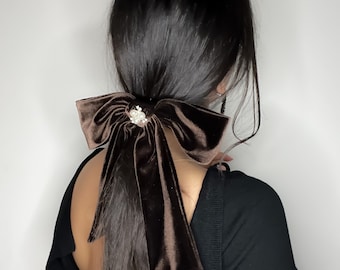 Elegant Velvet Hair Bow Accessories in Black Brown Mocha colors, Classic Bow French barrette clip Scrunchie Headband and hair tie