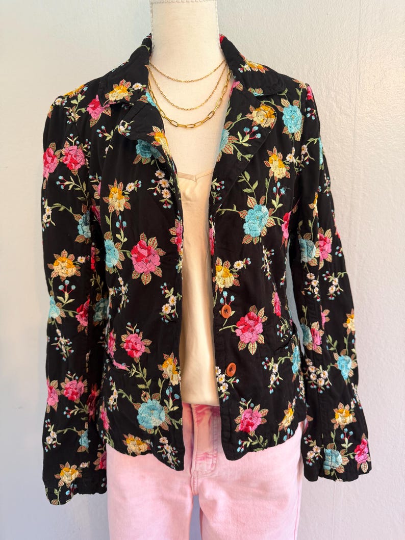 GORGEOUS Johnny Was Floral Embroidered Button Jacket Black SZ S Long Sleeve image 2