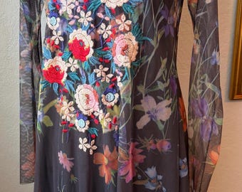 Johnny Was Bija Mesh Overlay Embroidered Dress Size Small