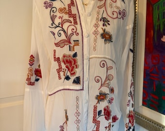 NWT Johnny Was Marcia geborduurd bloemen button-down shirt wit met lange mouwen S
