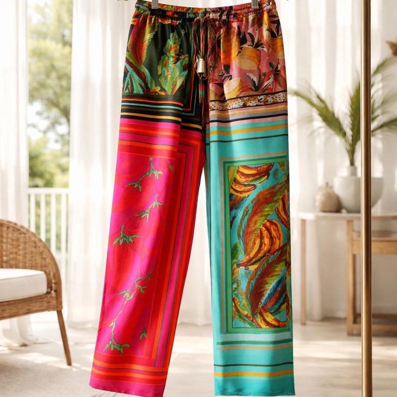 Puede incluir: Pantalones anchos y coloridos con un estampado floral y bot&aacute;nico vibrante. Los pantalones tienen una cintura con cord&oacute;n y una mezcla de colores brillantes, incluyendo rosa, verde, naranja y turquesa. El dise&ntilde;o incluye paneles rectangulares con varios patrones.