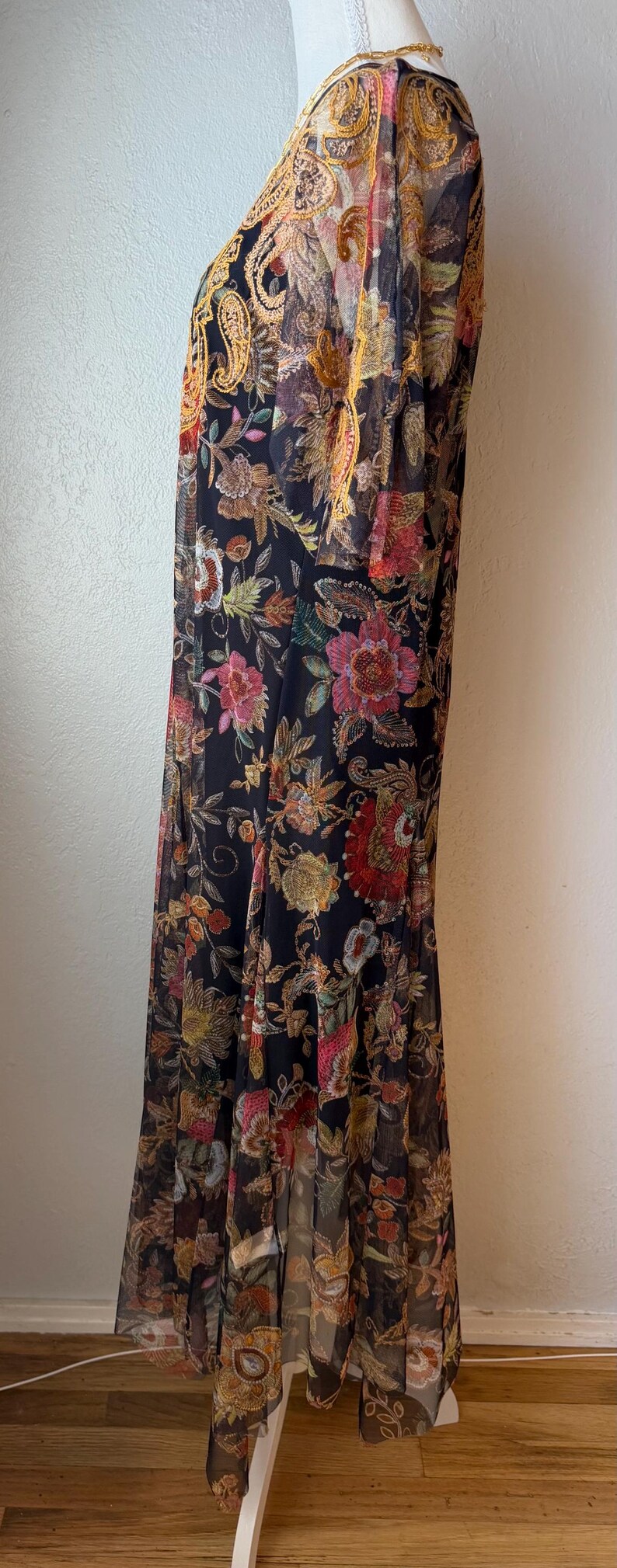 NWOT Gorgeous Johnny Was Blk / Gold Mesh Handkerchief Dress Small image 15