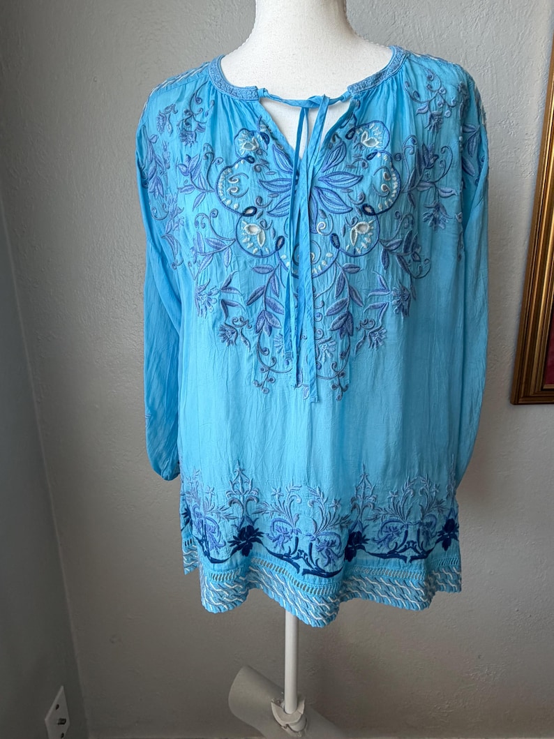 Puede incluir: Una t&uacute;nica azul claro con mangas largas y bordados florales detallados en tonos azules y morados. La parte superior presenta un dise&ntilde;o de cuello atado y bordados en el escote y el dobladillo.