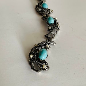 Vintage Silver Toned Metal Bracelet withFaux Pearls and Faux Turquoise