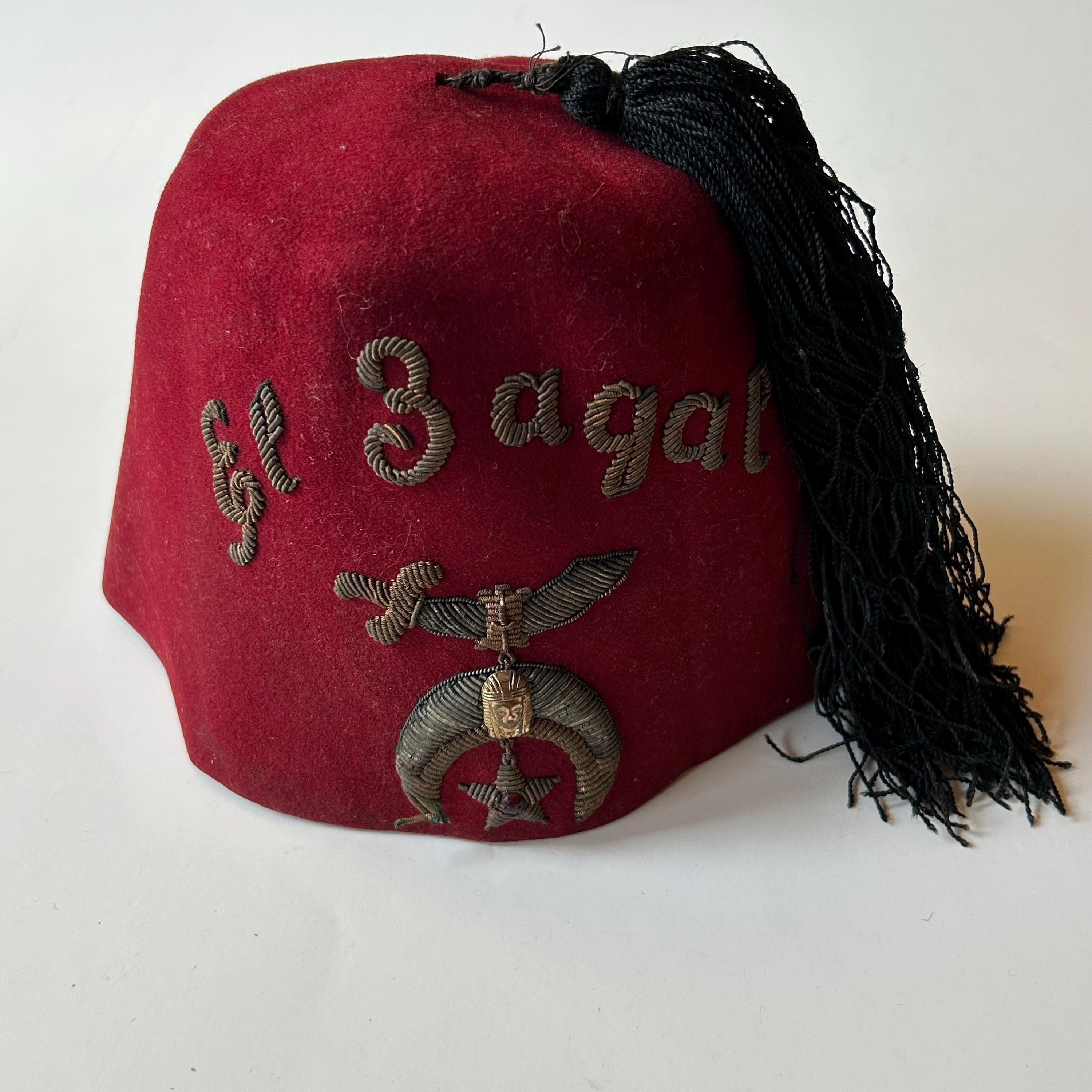 Vintage Shriner El Zagal Beaded Masonic Fez Hat, Red Stone in Star
