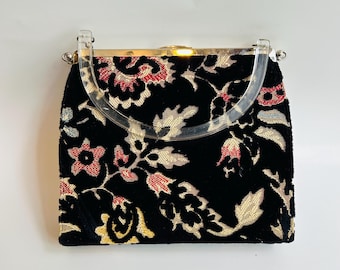 Vintage L and M Reversable Purse with Lucite Handle, Tapestry and Black