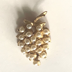 Vintage Gold Metal Grape Cluster Brooch with Faux Pearls and Rhinestones