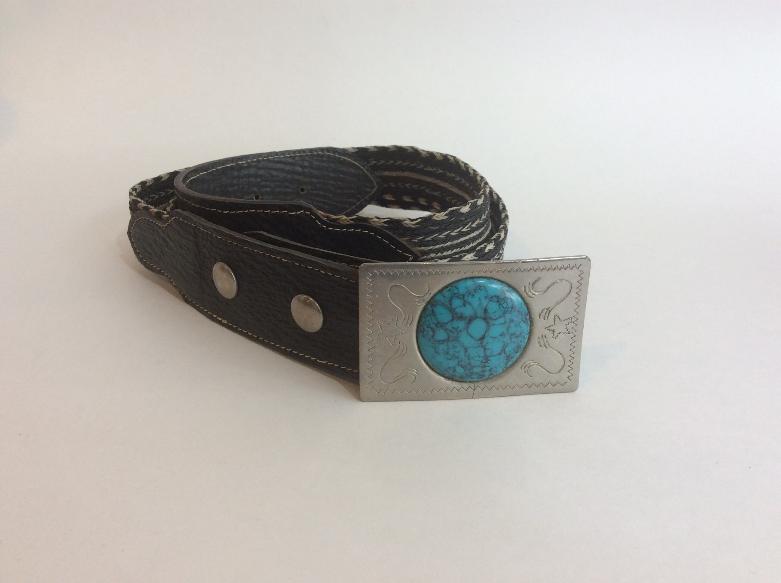 Vintage Western Belt, Silver and Turquoise, Leather, Woven  display picture 3