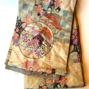 Antique Obi Belt, Kimono Sash, Double Sided, Birds, Flowers